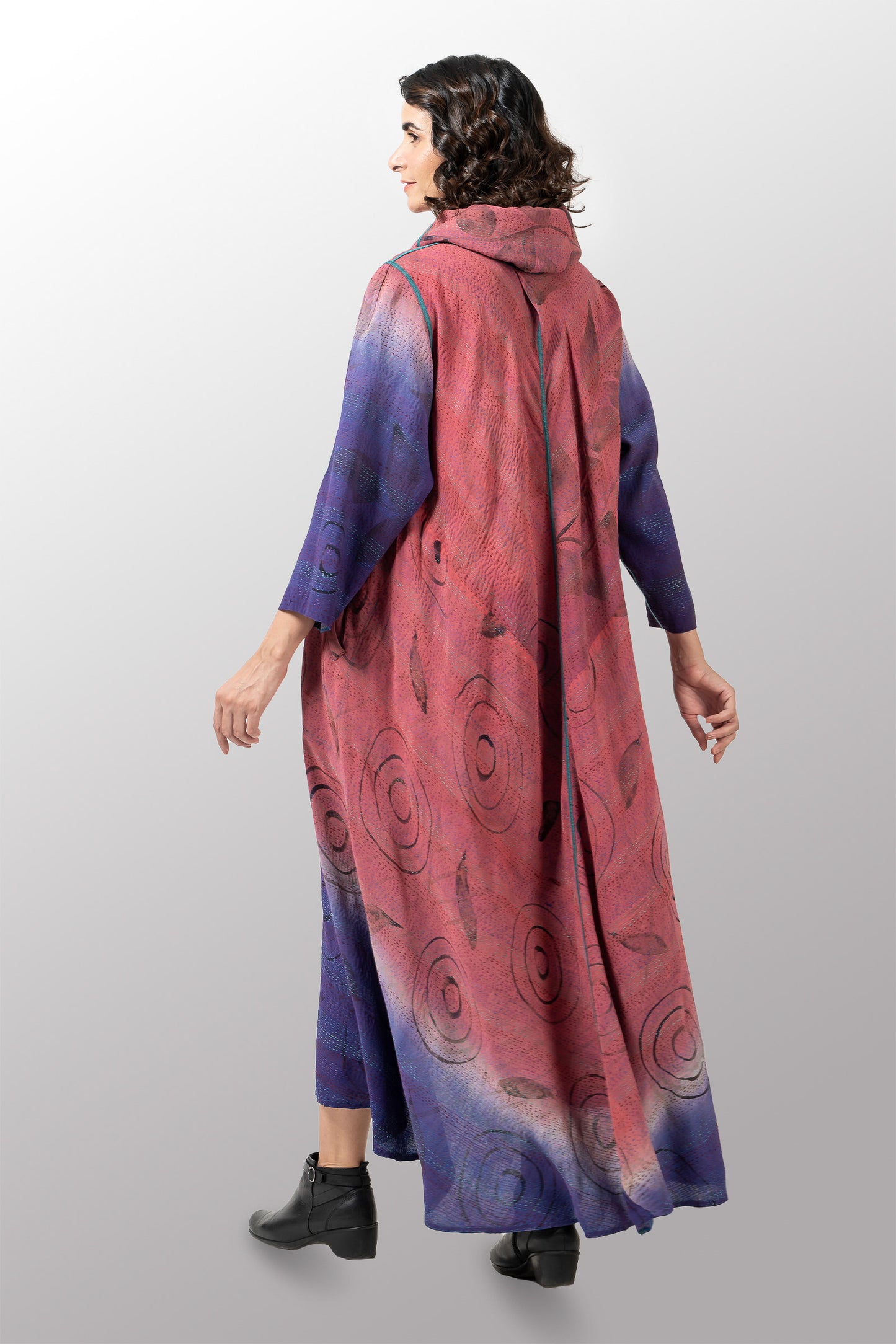 VINTAGE SILK GEORGETTE KANTHA COWL NECK LONG SLEEVE DRESS - sg2450-0003m -
