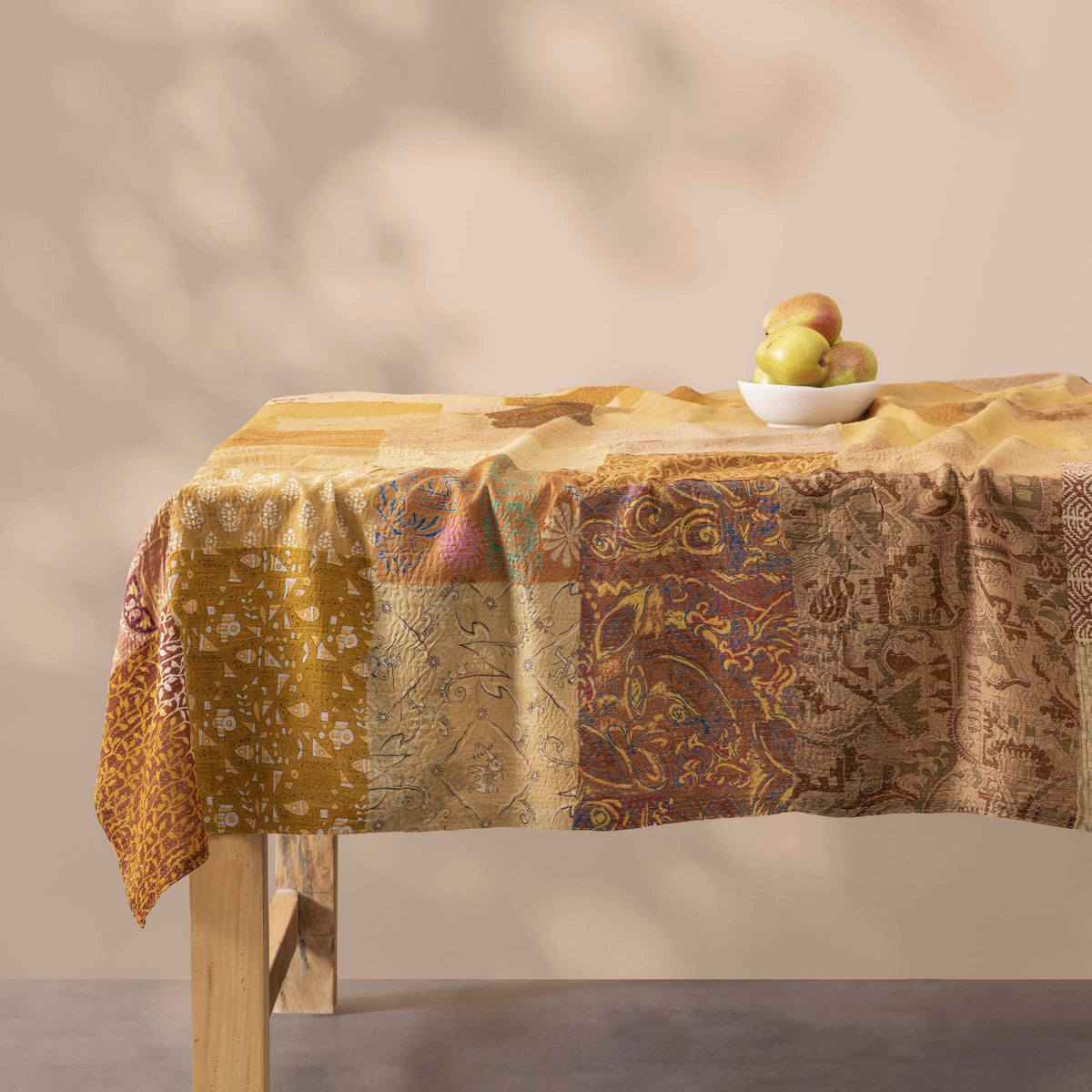 Printed Fray Vintage Cotton Kantha Table Cover -Golden