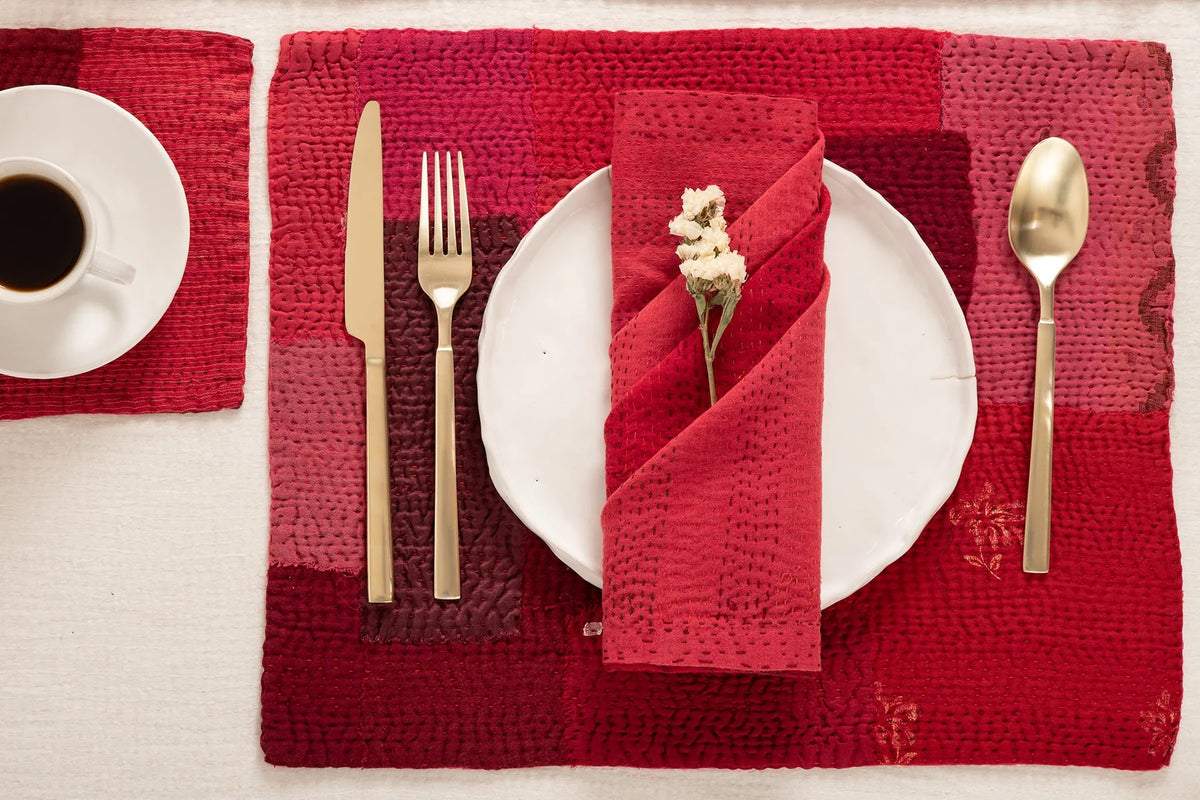 Landscape Fray Patch Kantha Placemat -Red (Set of 2)