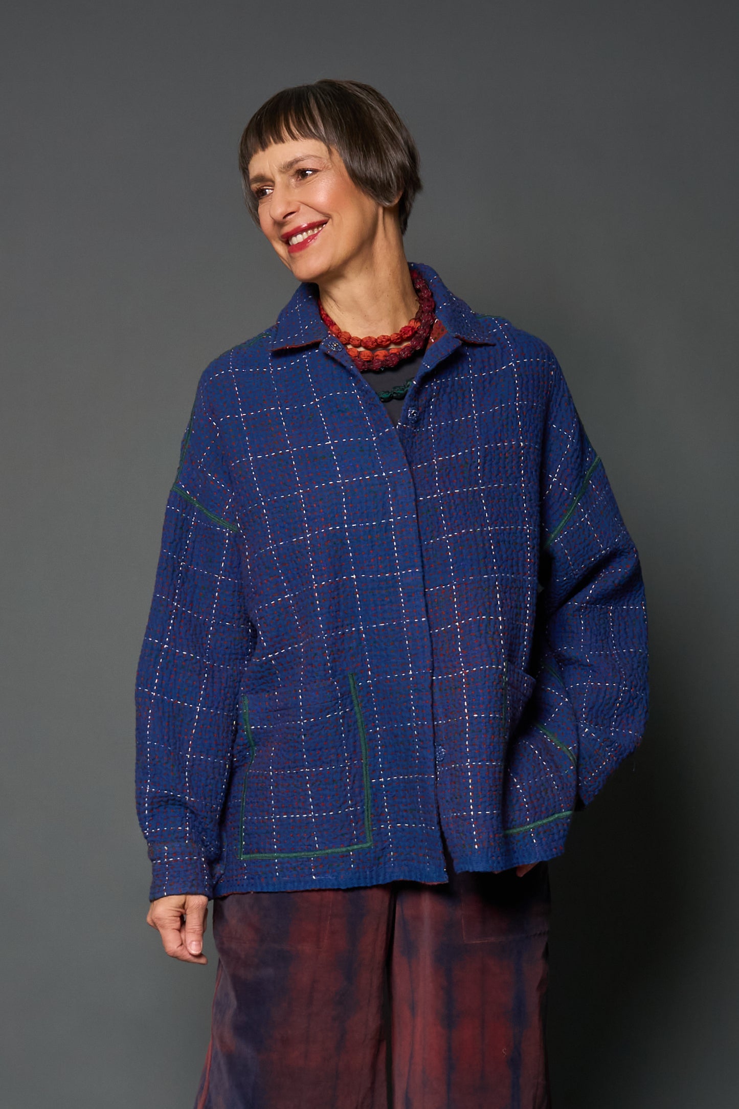 WOOL WAFFLE KANTHA RELAXED SHIRT JACKET - ww3j105-blu -