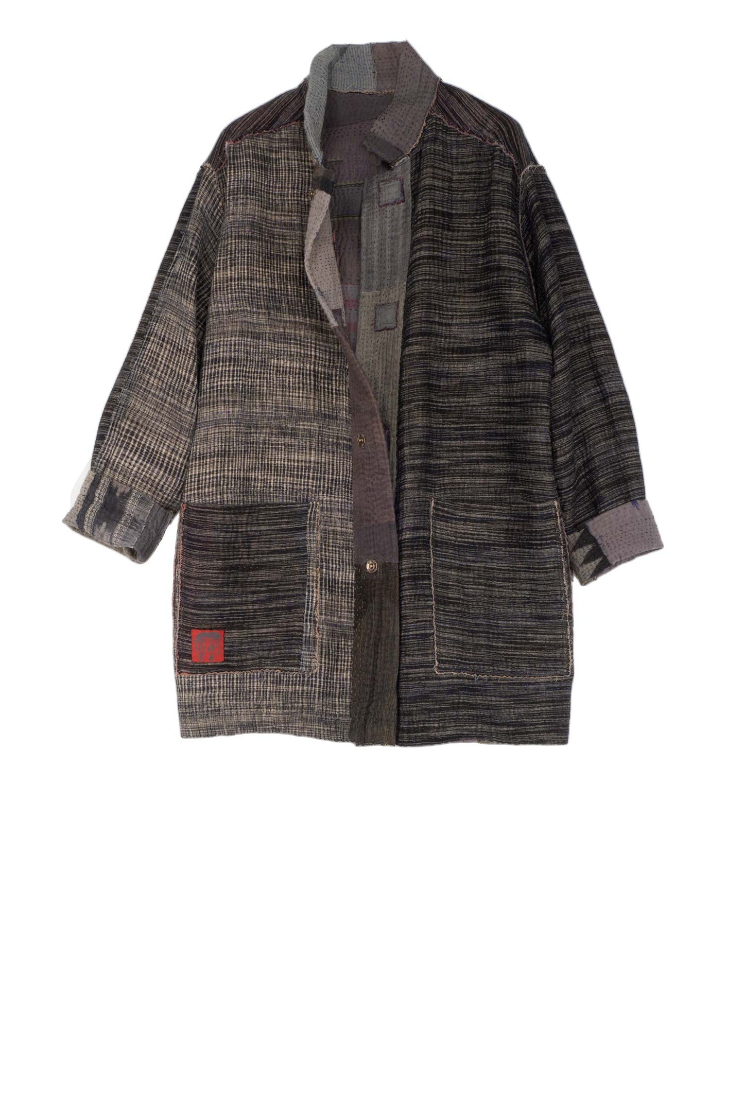 WOVEN IKAT & FRAYED PATCH KANTHA MEN'S JKT - wk4041-gry -