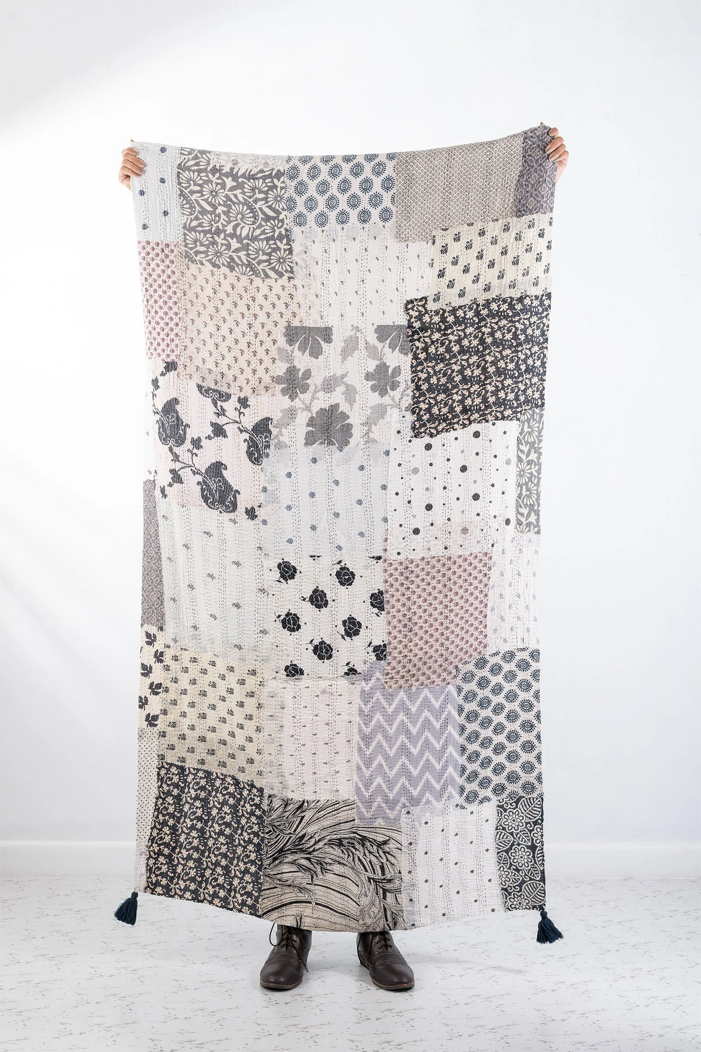 Powder Patch Kantha Bed Runner -Black & White -