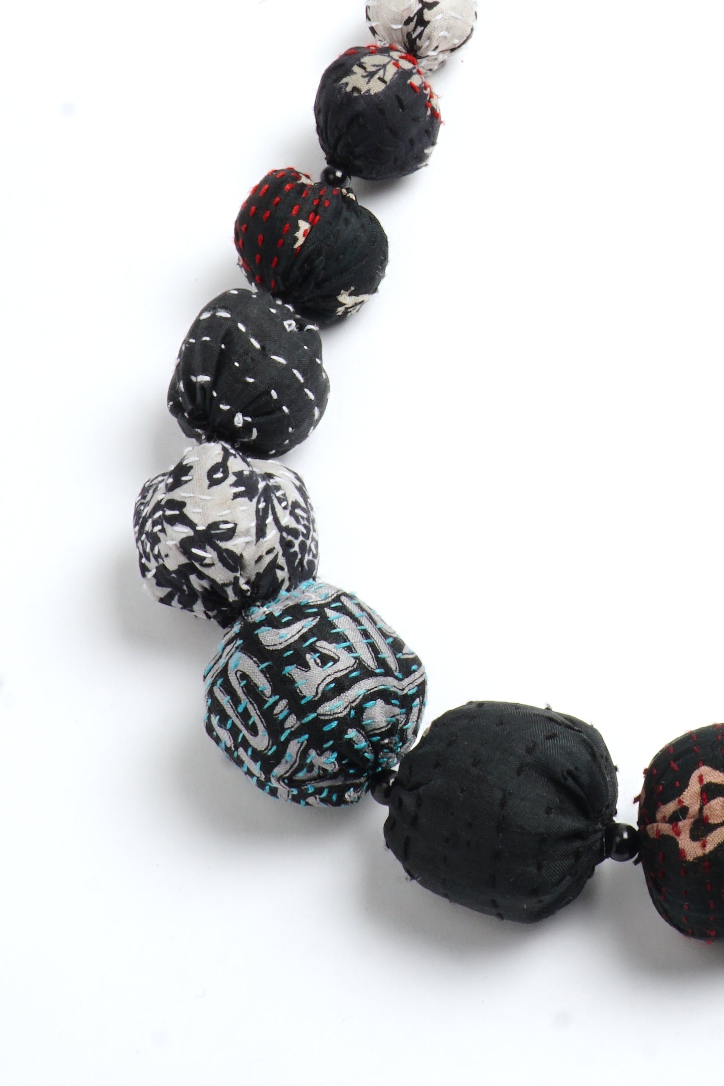 VINTAGE SILK KANTHA NUTS MEDIUM NECKLACE - sv2701-blk -