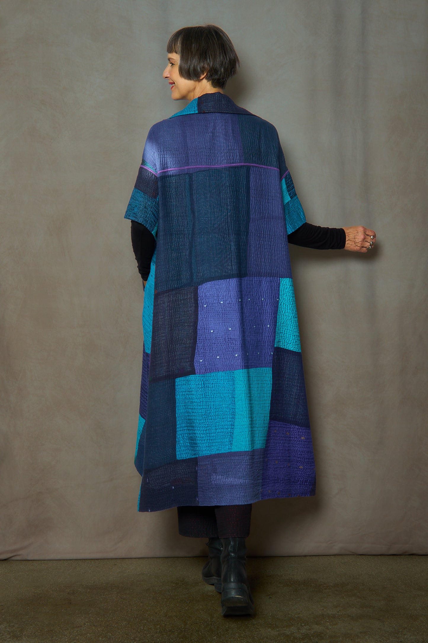 COTTON SILK SW PATCH OMBRE KANTHA WING COLLAR DRESS - wo4454-blu -