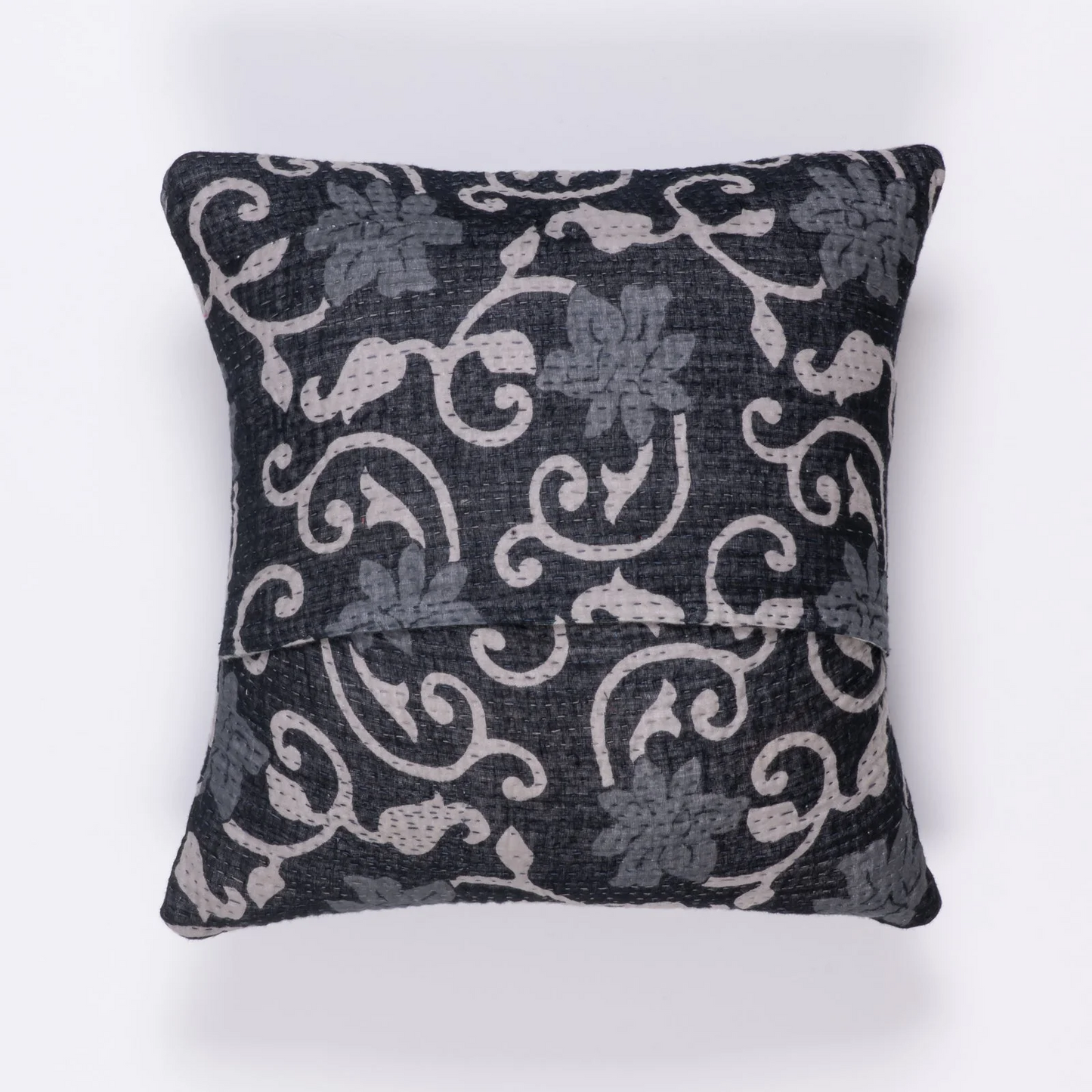 Printed Fray Vintage Cotton Kantha Pillow Sham -Black-
