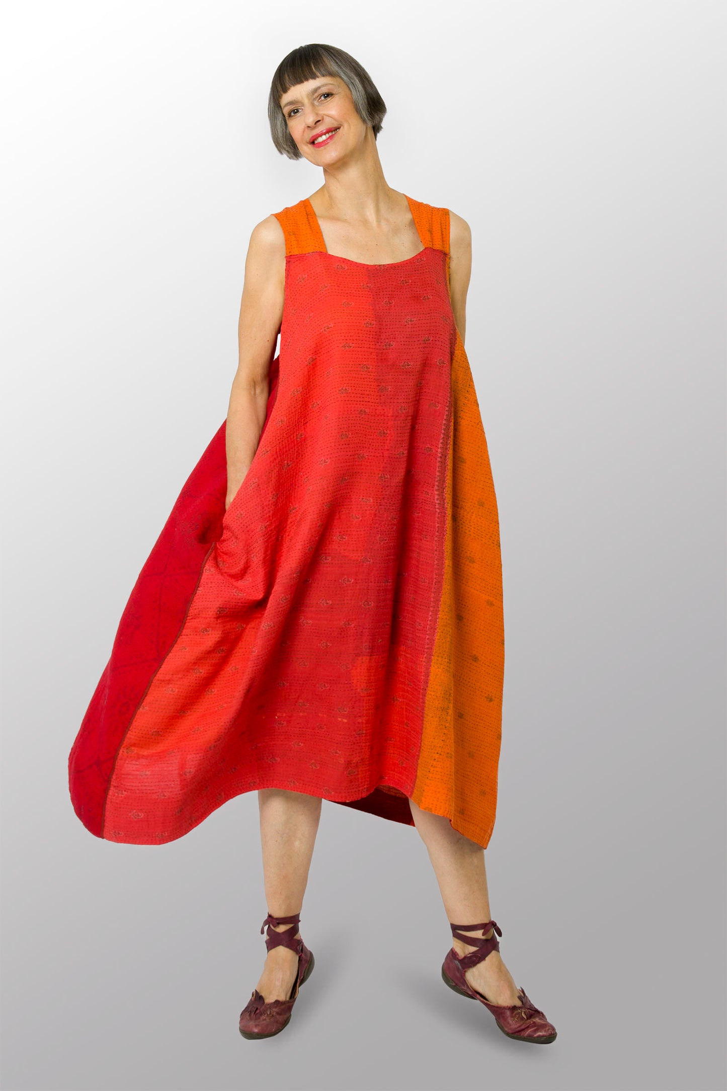 COTTON SILK SW PATCH OMBRE KANTHA TENT DRESS - wo2413-org -