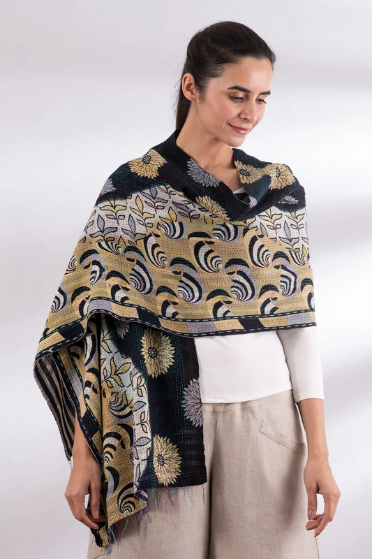 VINTAGE COTTON KANTHA SCARF STANDARD - cv2801-blk -