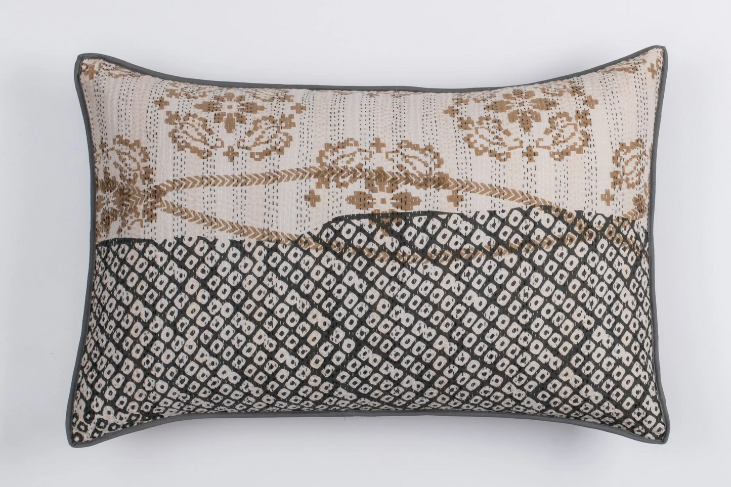 Kimono Cotton Kantha Pillow Sham -Gray -