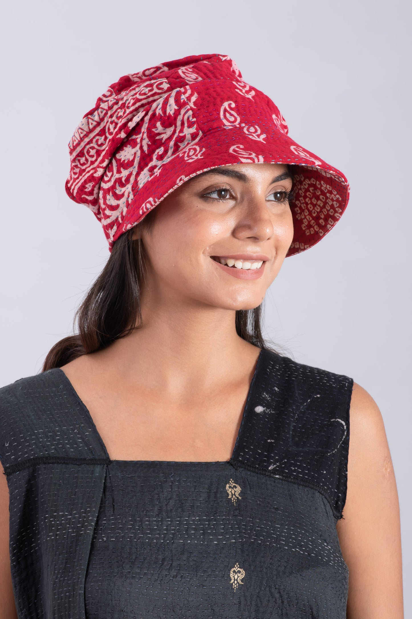 VINTAGE COTTON KANTHA HALF BRIM HAT - cv4881-red -