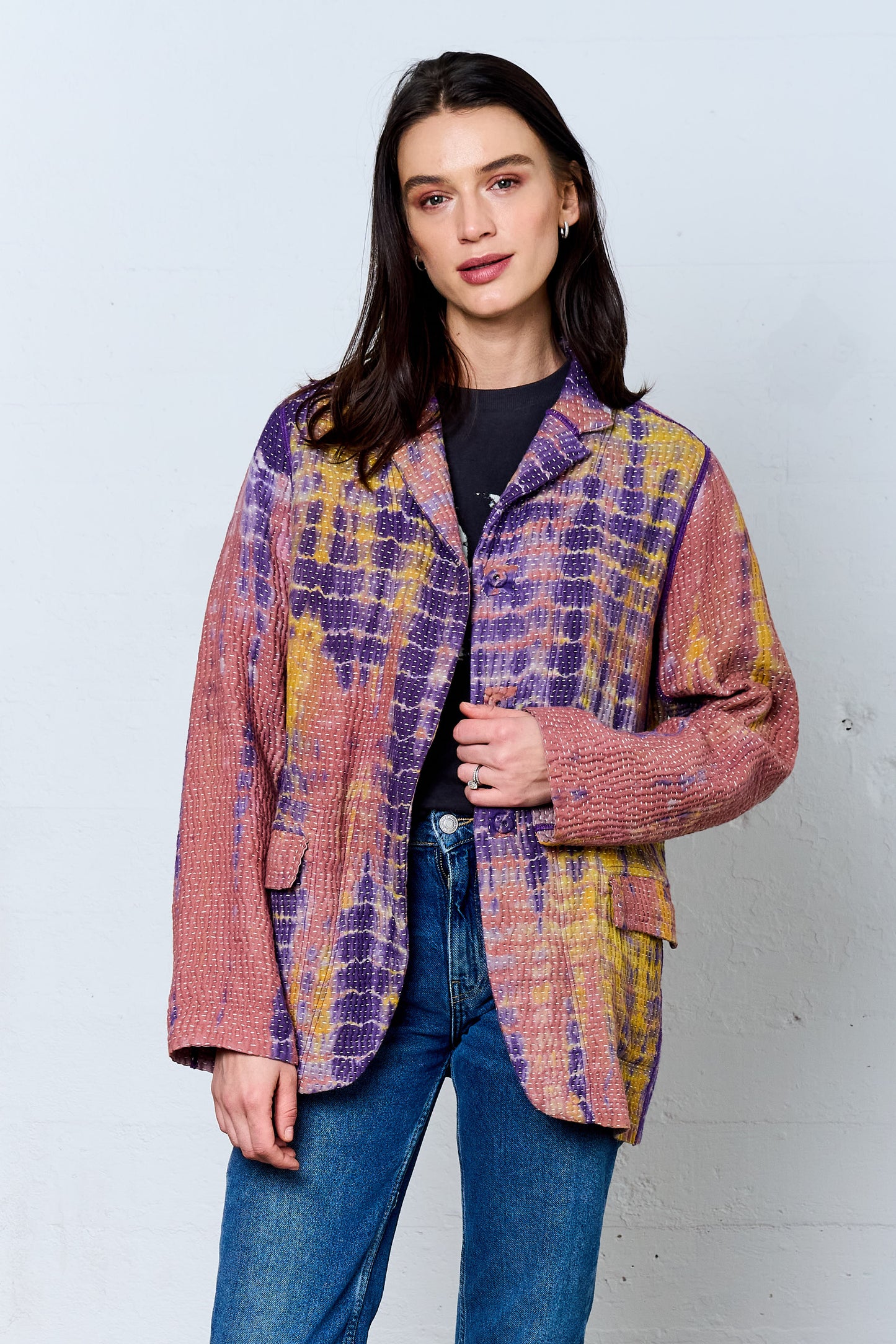 MONE SHIBORI TIE DYE KANTHA BASIC JACKET - ms5052-prp -