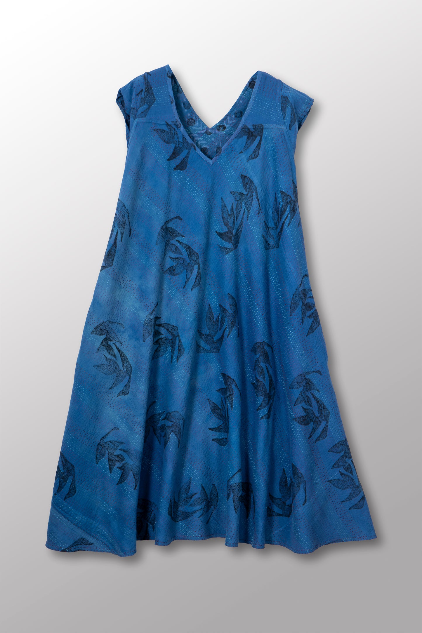 VINTAGE COTTON & NEW VOILE KANTHA CAP SLV. FLARE DRESS - cn2425-0006m -