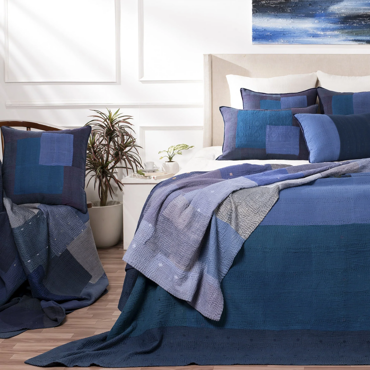 Landscape Handmade Vintage Kantha Bedcover -Navy -