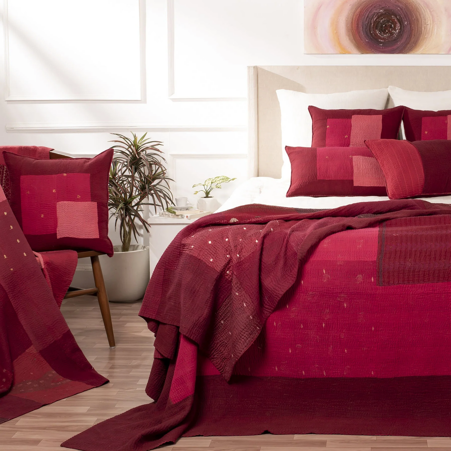 Landscape Handmade Vintage Kantha Bedcover -Red -
