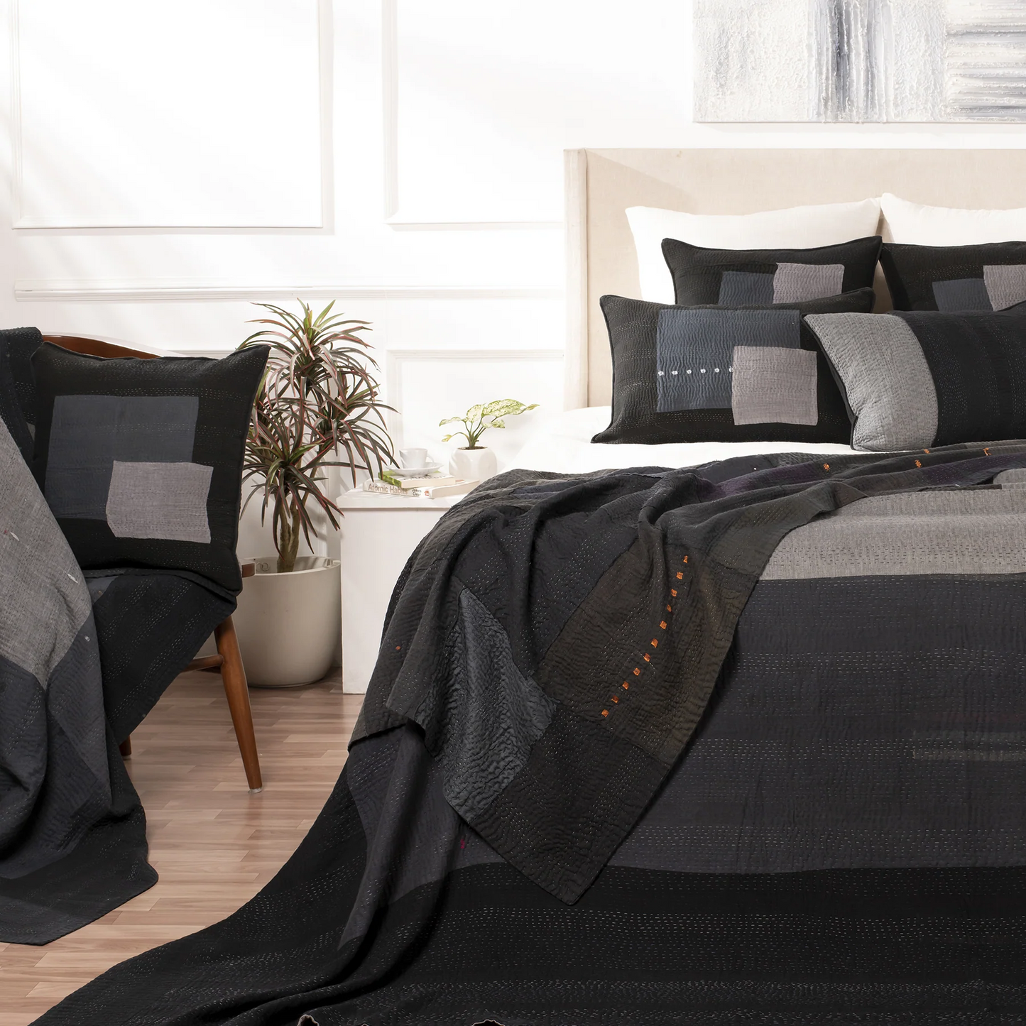 Landscape Handmade Vintage Kantha Bedcover -Black-
