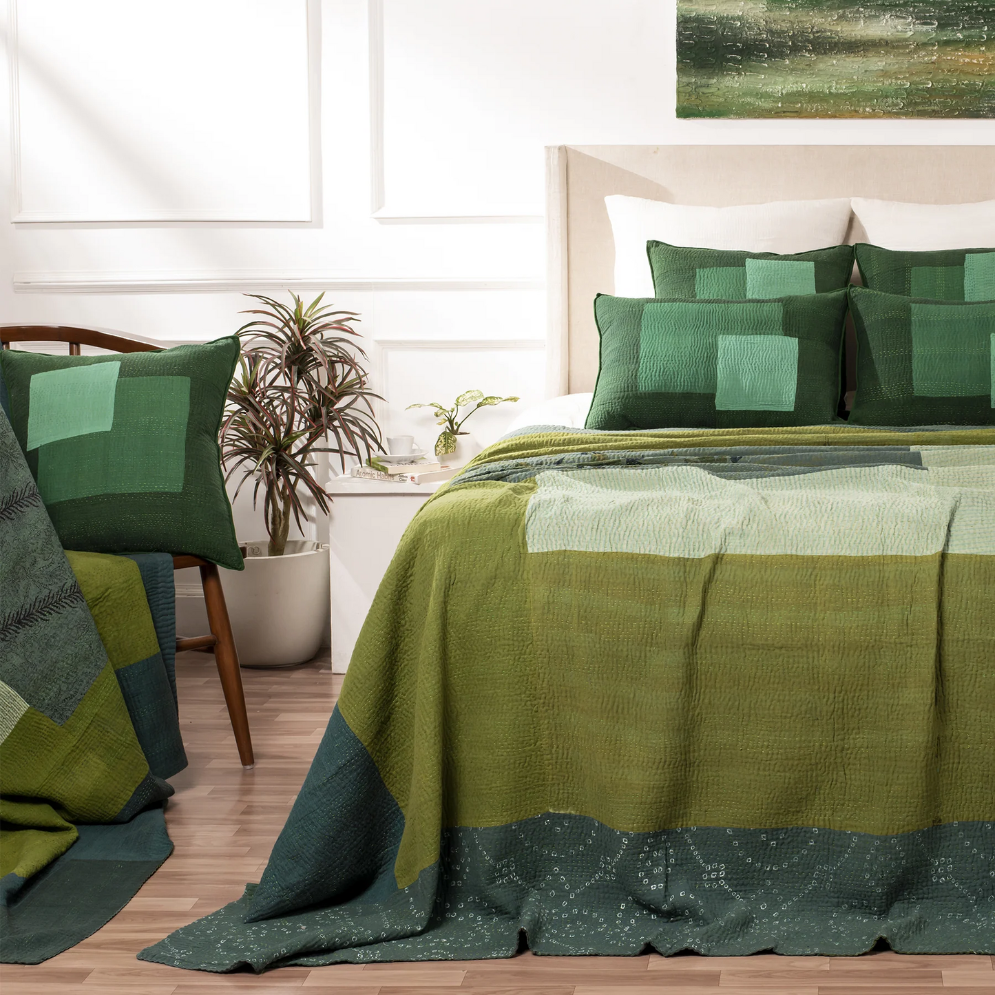 Landscape Handmade Vintage Kantha Bedcover -Green -