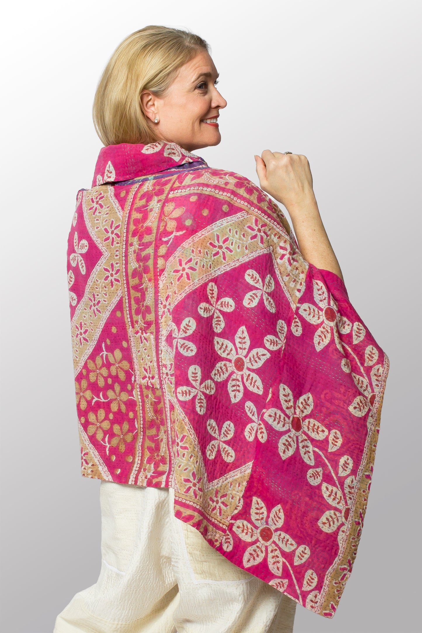 VINTAGE COTTON KANTHA COWL NECK LONG CAPE - cv2842-0004a -