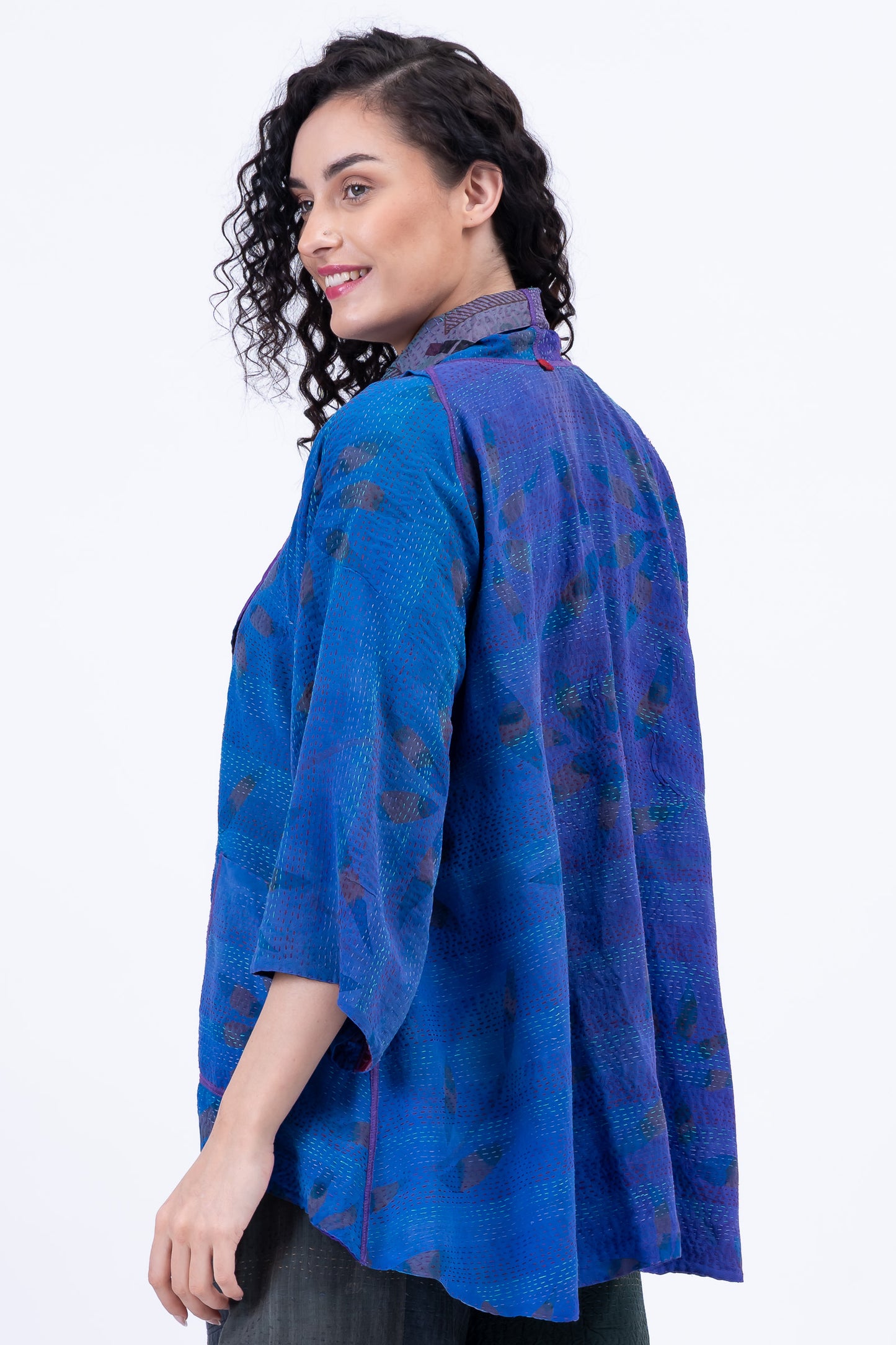 GEORGETTE VINTAGE SILK PATCH KANTHA BELL SHAPE JKT - gs2048-prp -