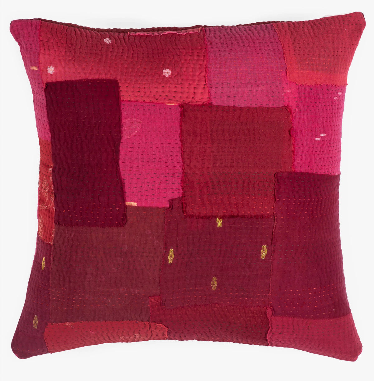 Landscape Fray Patch Vintage Kantha Pillow -Red