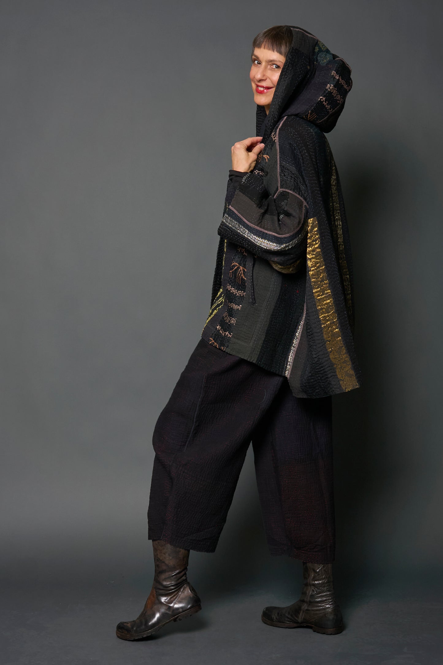 JEWEL WOVEN WITH VERTICAL PATCH KANTHA HOODIE PONCHO - jv4064-blk -