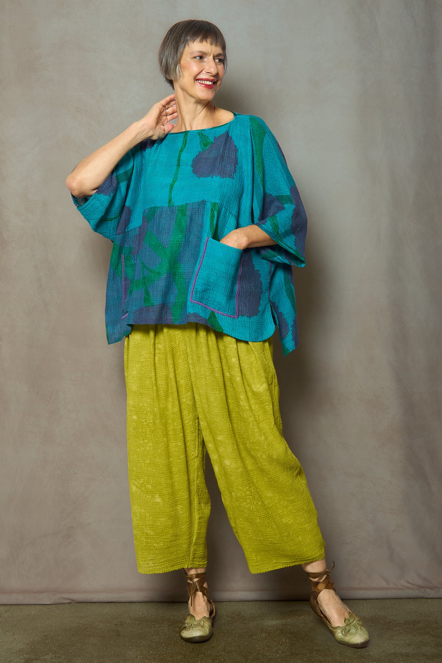 MARIGOLD PRINT WITH OVERDYE KANTHA BOAT NECK DOLMAN TOP - ov-mg2t100-tuq -