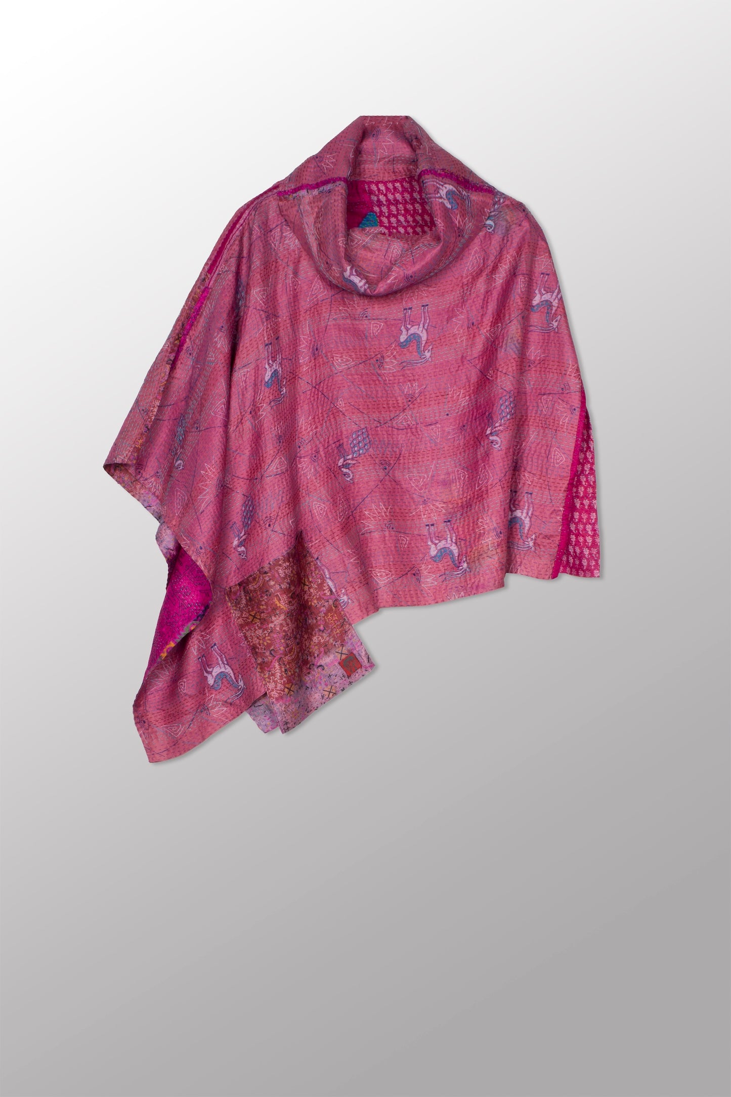 VINTAGE SILK KANTHA COWL NECK LONG CAPE - sv2842-mlt -