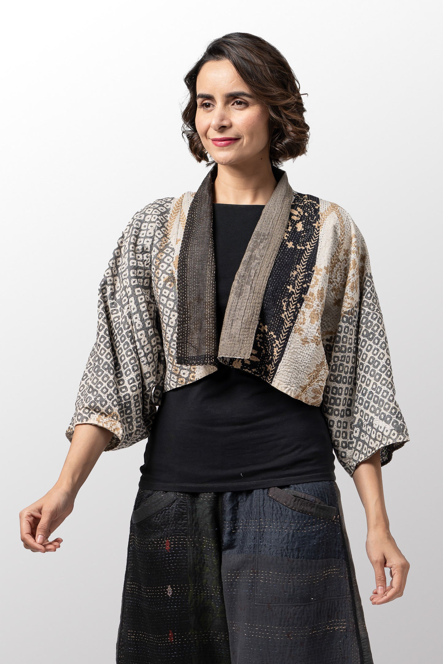 KIMONO COTTON KANTHA PUFF SLV. SHRUG - kc2062-gry -