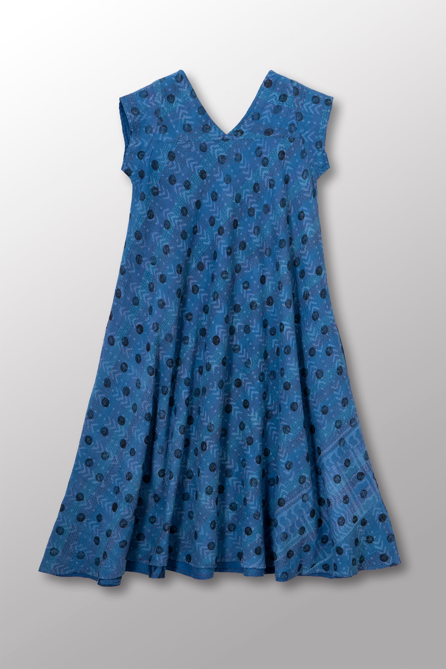 VINTAGE COTTON & NEW VOILE KANTHA CAP SLV. FLARE DRESS - cn2425-0006m -