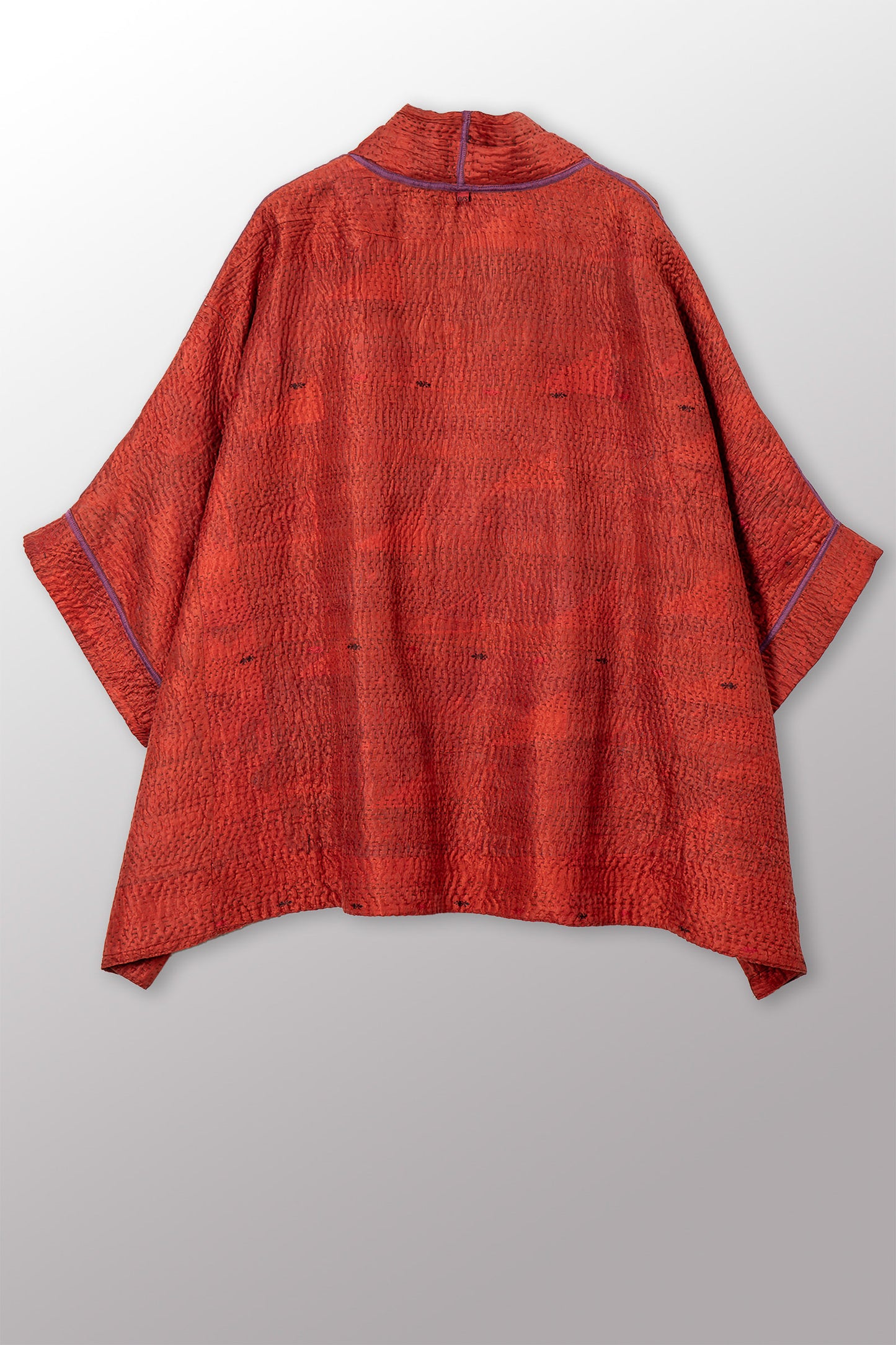 GEORGETTE JACQUARD VINTAGE SILK PATCH KANTHA DOUBLE COLLAR PONCHO - gj4323-org -