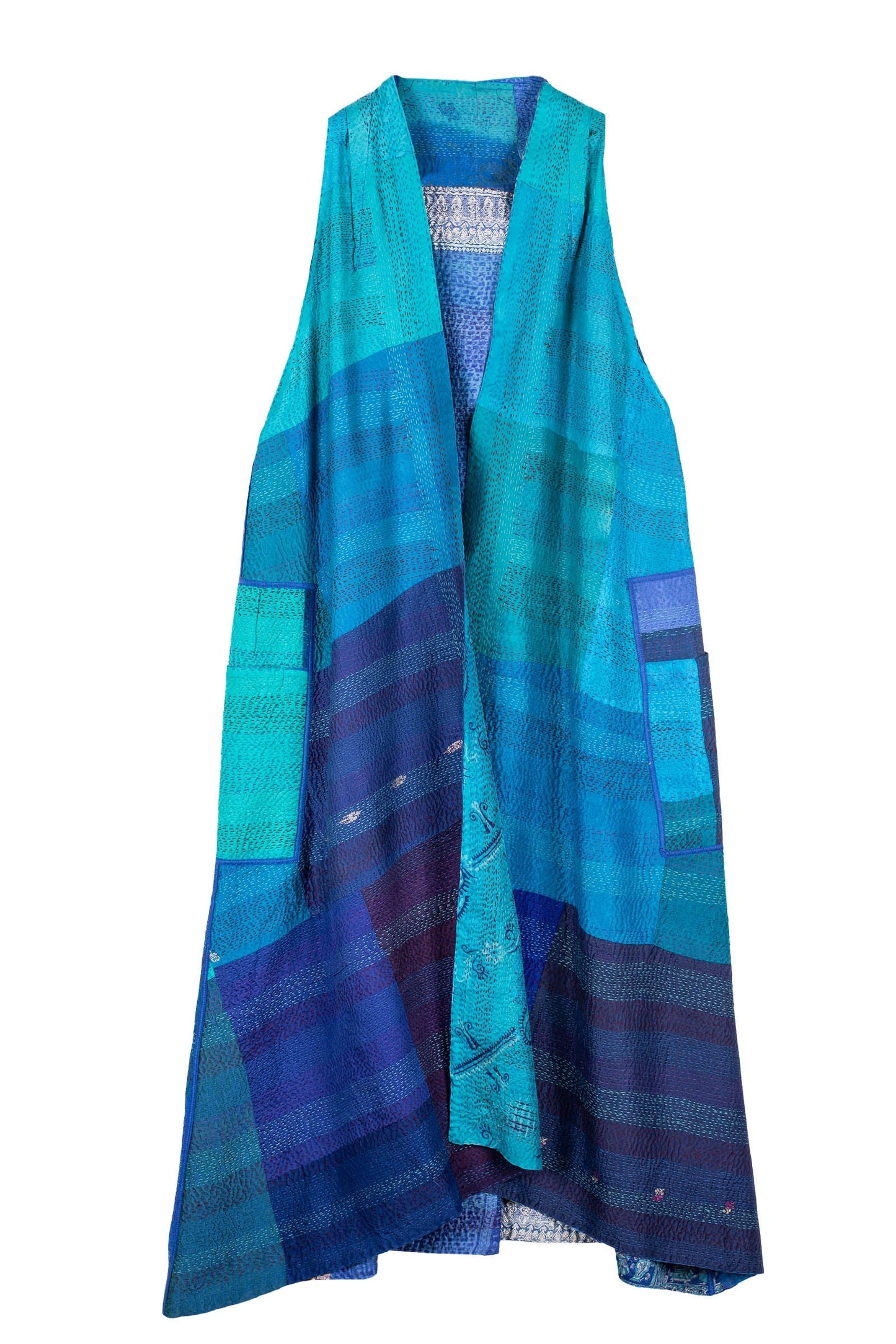 VINTAGE SILK PATCH KANTHA BACK PLEATED VEST MAXI - vp2222-blu -