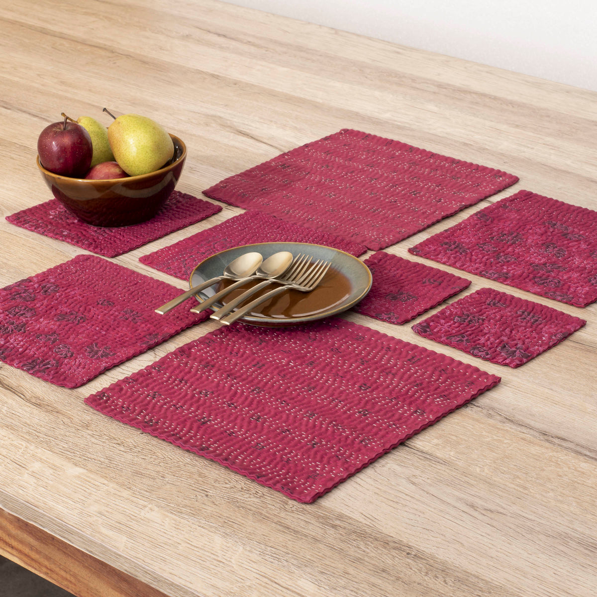 Printed Fray Handmade Kantha Coasters -Pink (Set of 2)
