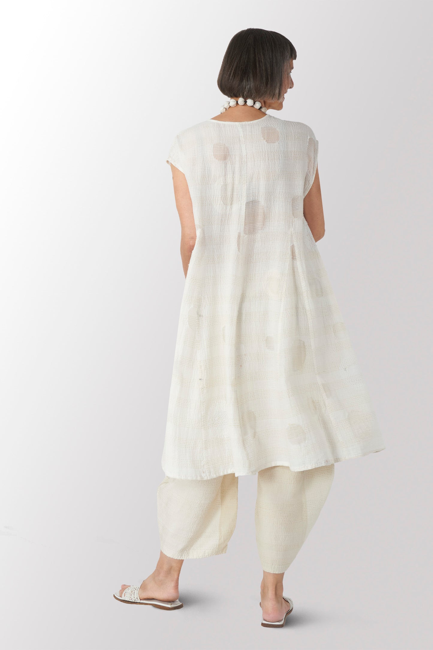 CUT THROUGH DOT AND HOLES KANTHA SNAP FRONT A-LINE DRESS - cd2427-ivy -