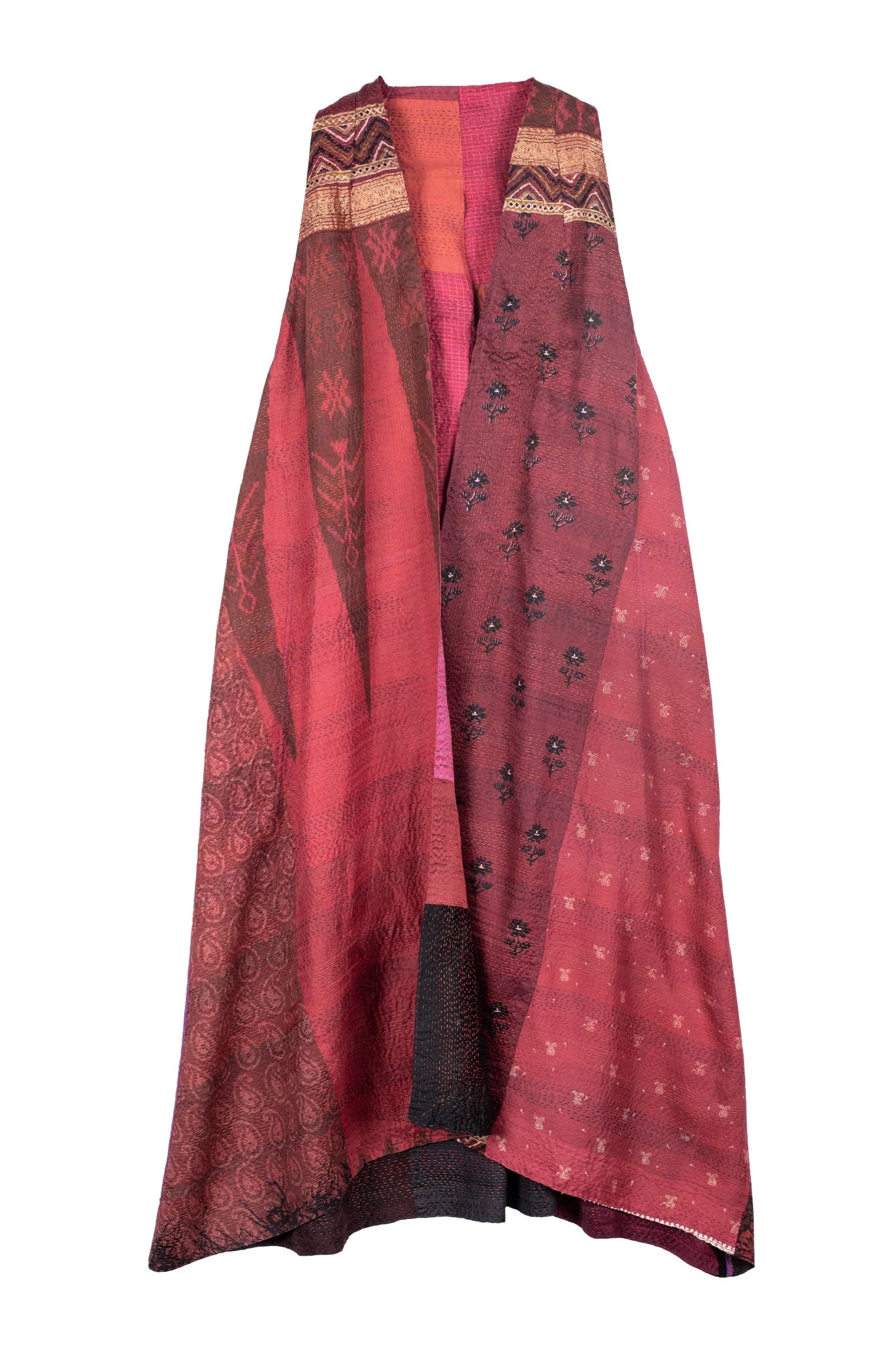 VINTAGE SILK PATCH KANTHA BACK PLEATED VEST MAXI - vp2222-red -