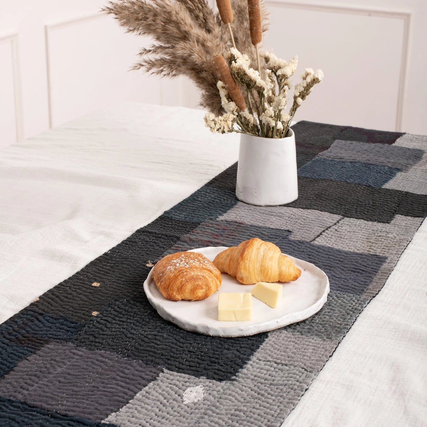 Landscape Fray Patch Vintage Kantha Runner -Black