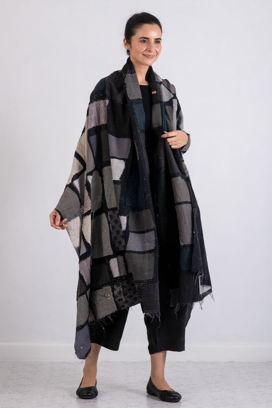 TONAL TILE PATCH KANTHA THROW - tt2971-gry -