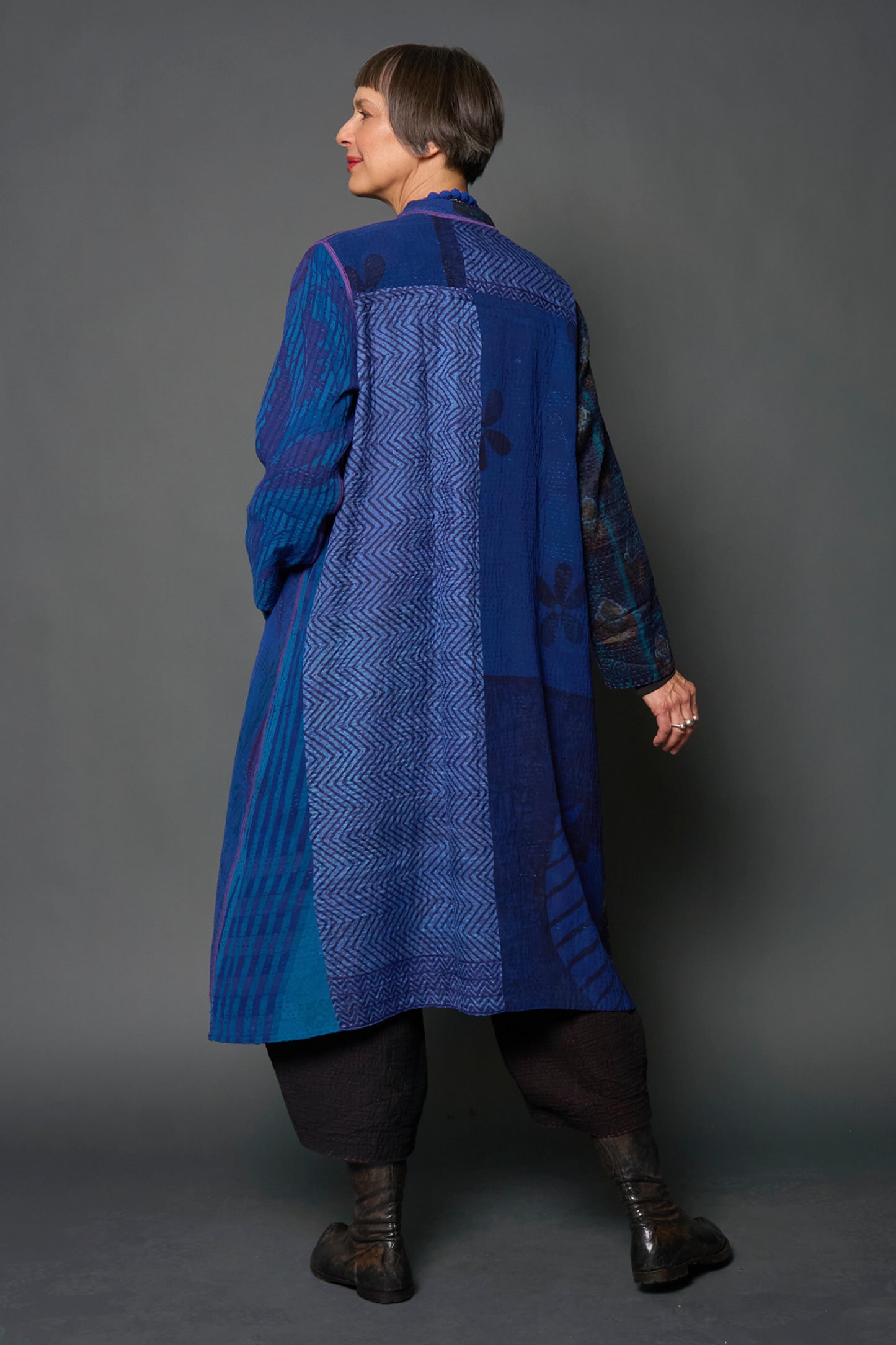 JACQUARD SILK KANTHA KAFTAN COAT - js4343-nvy -