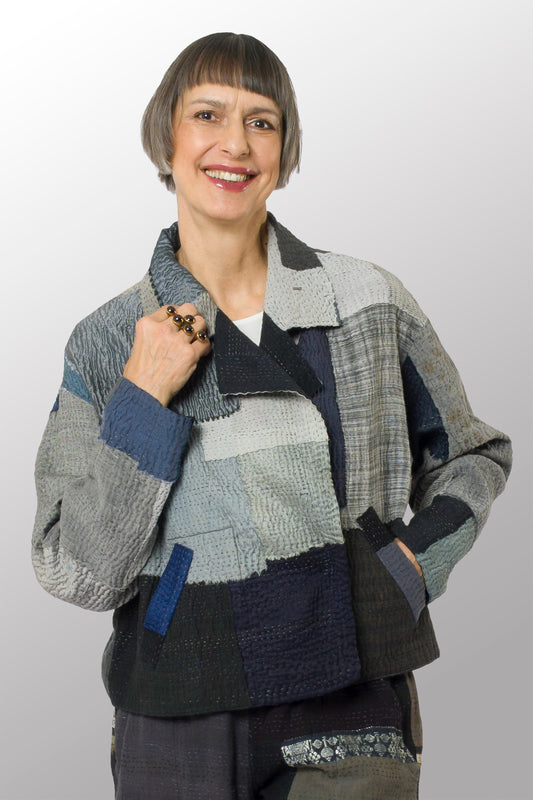 TWO TONE PATCH KANTHA LAPELED SHORT JKT - tn4081-blk -