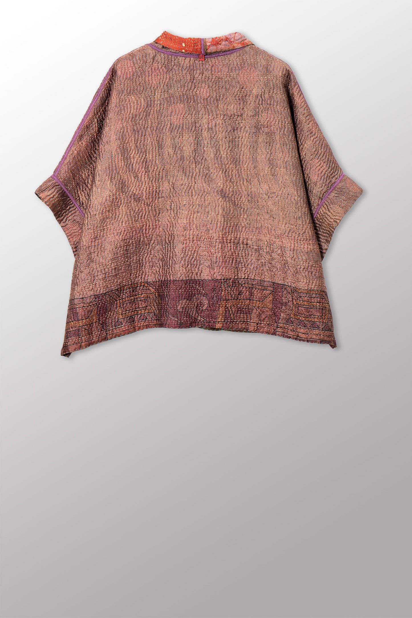 VINTAGE PRINTED SILK CLAMP DYE WITH JACQUARD KANTHA MINI PONCHO - sk4060-0001a -