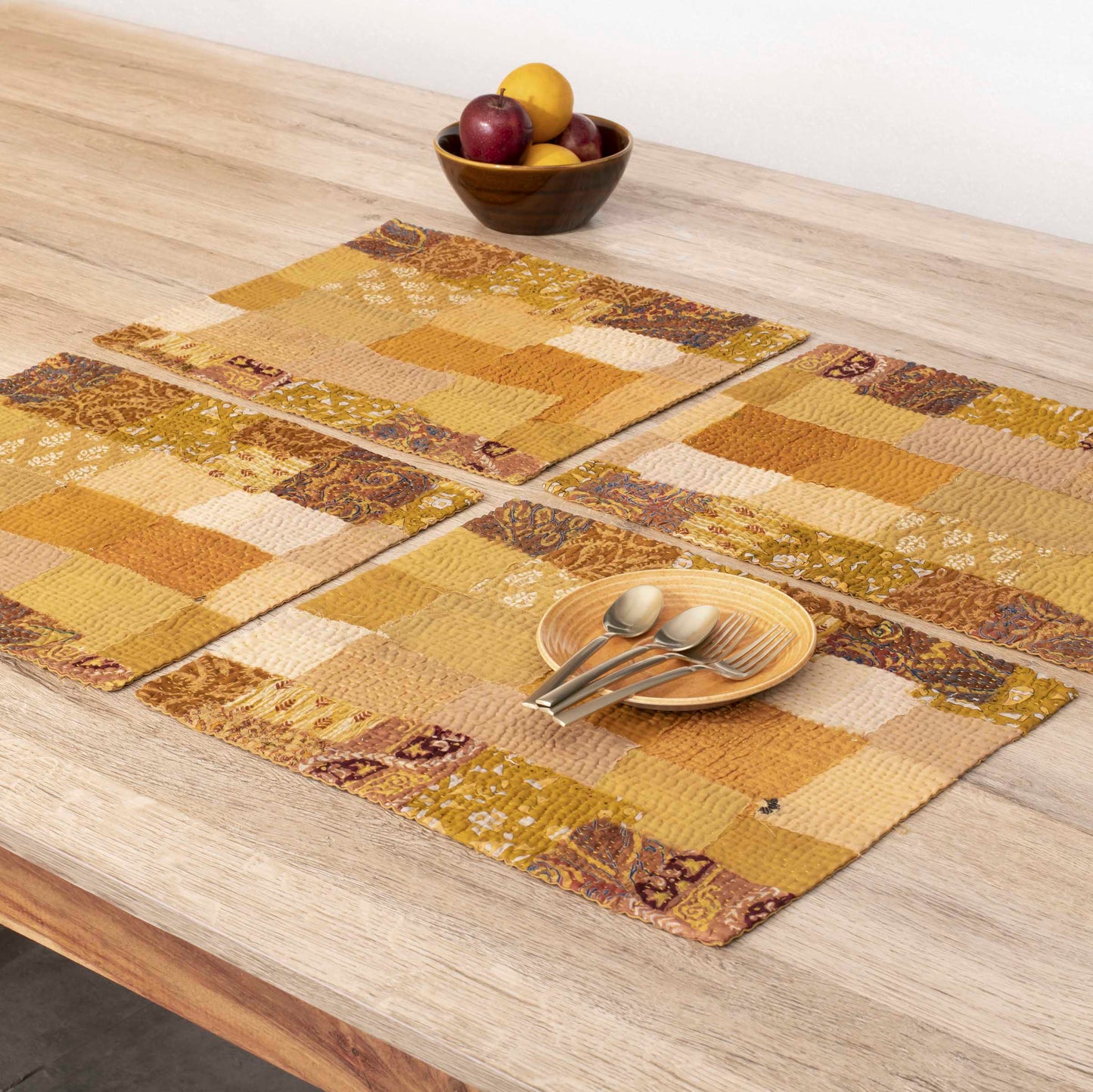 Printed Fray Patch Kantha Placemats - Golden (Set of 2)