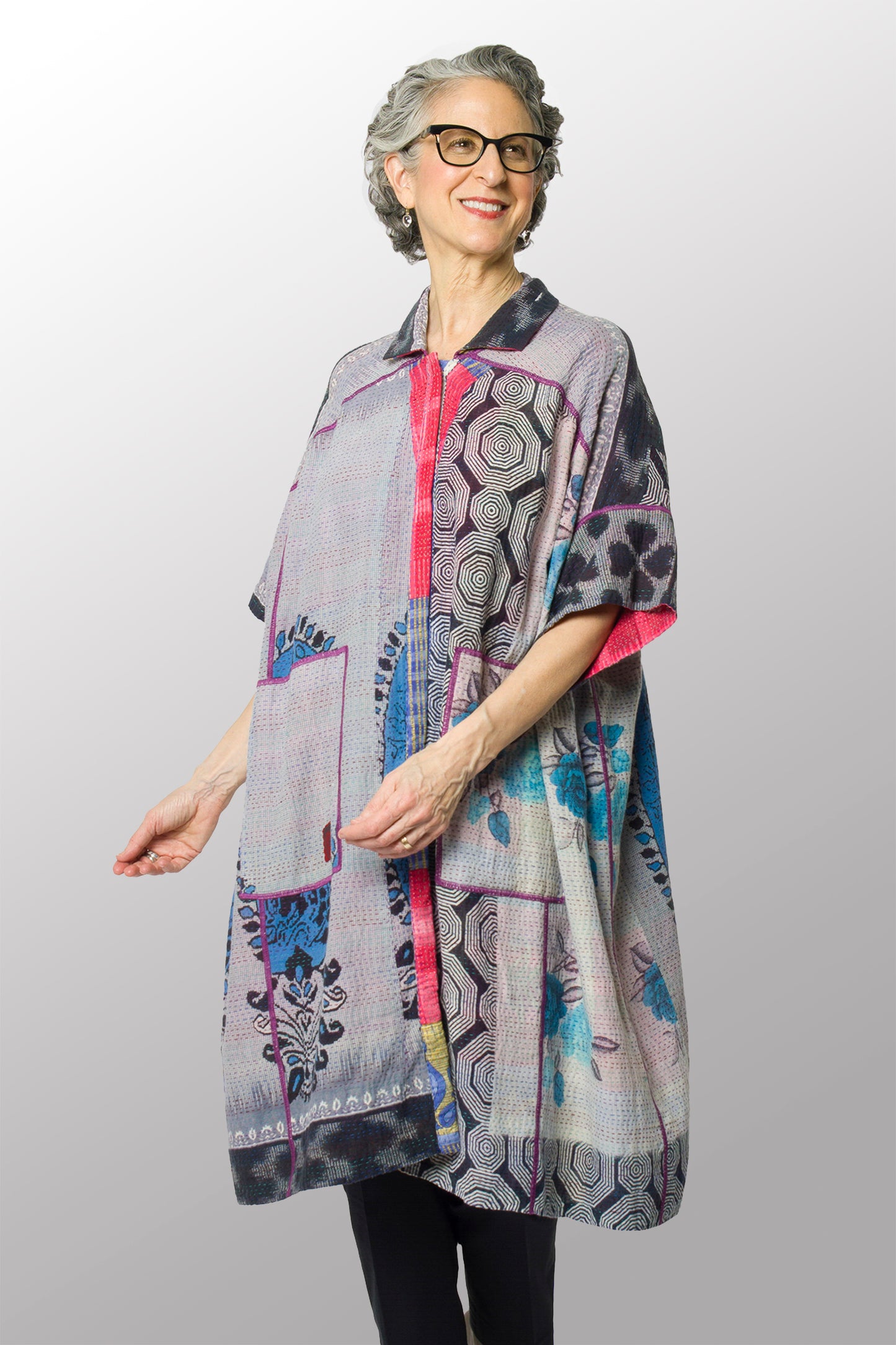 VINTAGE COTTON KANTHA WIDE SHIRT DRESS - cv2448-0002a -