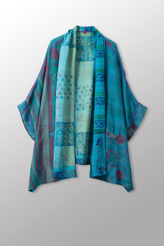 VINTAGE SILK GEORGETTE COTTON KANTHA DOUBLE COLLAR PONCHO - gc2323-0002a -