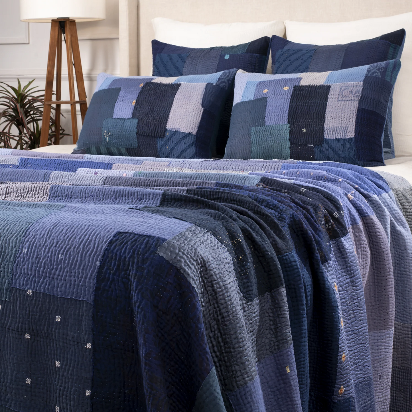 Landscape Handmade Vintage Kantha Bedcover -Navy -