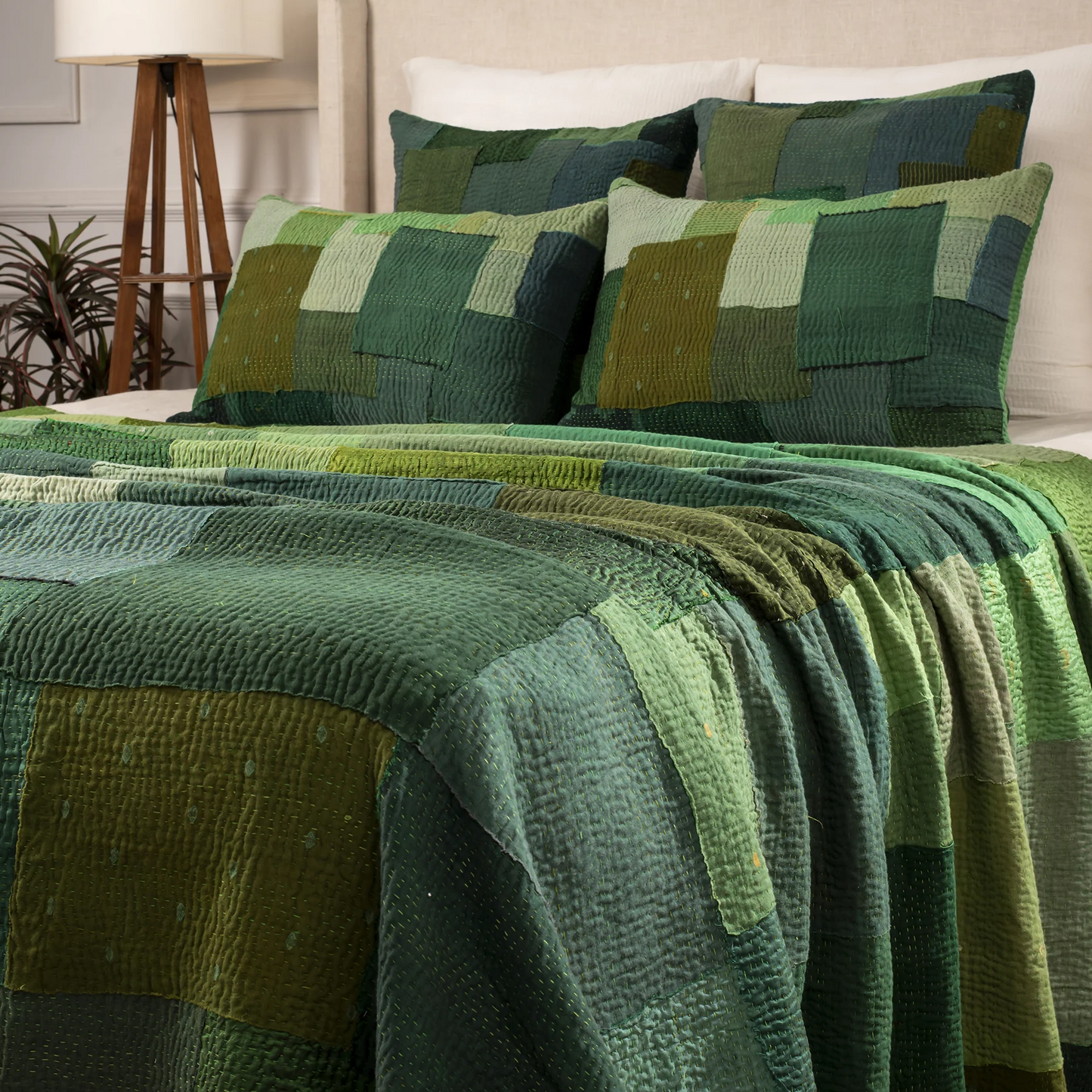 Landscape Handmade Vintage Kantha Bedcover -Green -