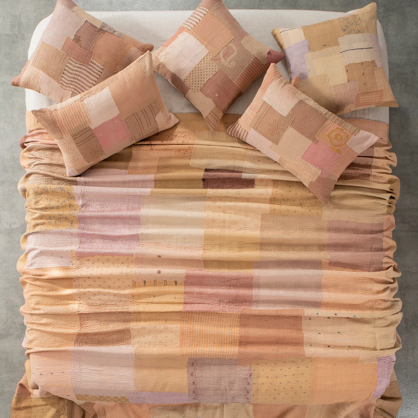 Mosaic Fray Handmade Vintage Kantha Bedcover -Mushroom -