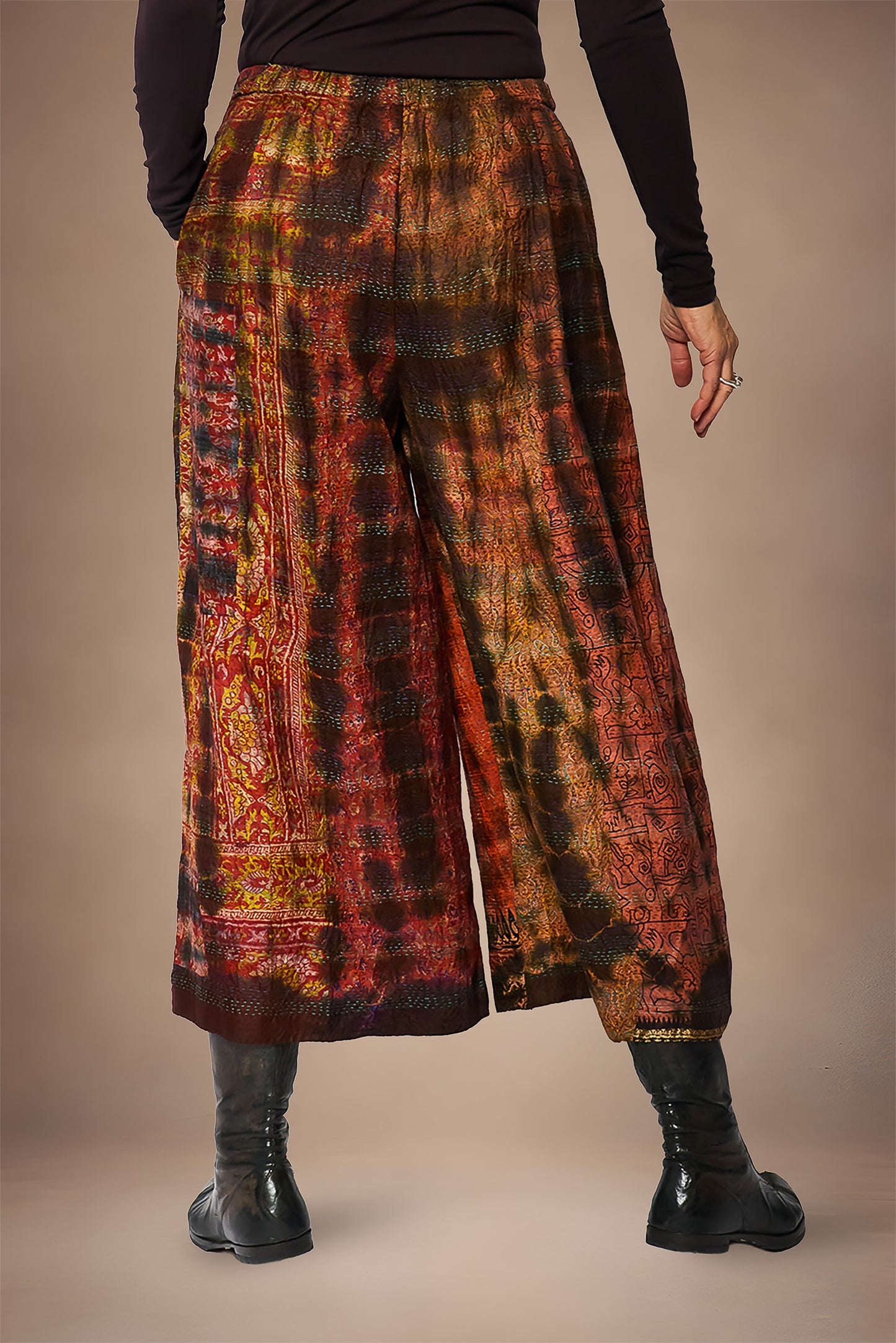 TIE DYE VINTAGE SILK KANTHA WIDE LEG LANTERN PANTS - st-sv2646-brn -
