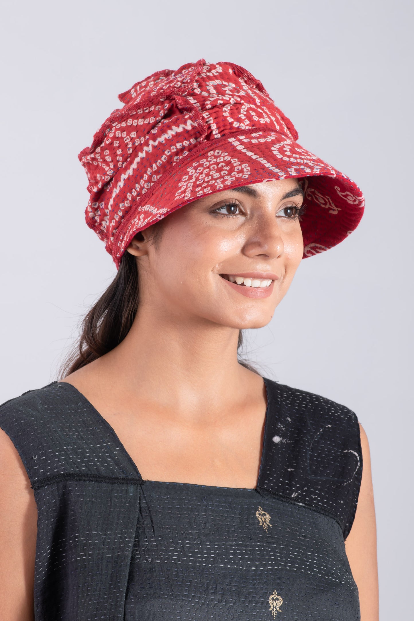 VINTAGE COTTON KANTHA HALF BRIM HAT - cv4881-red -