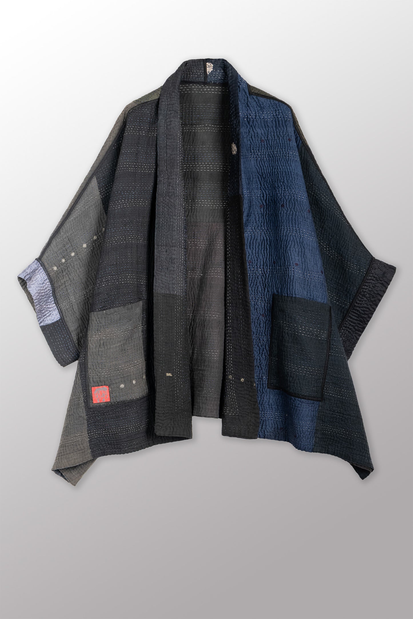 JAIPUR PATCH KANTHA DOUBLE COLLAR PONCHO - jp4323-blk -