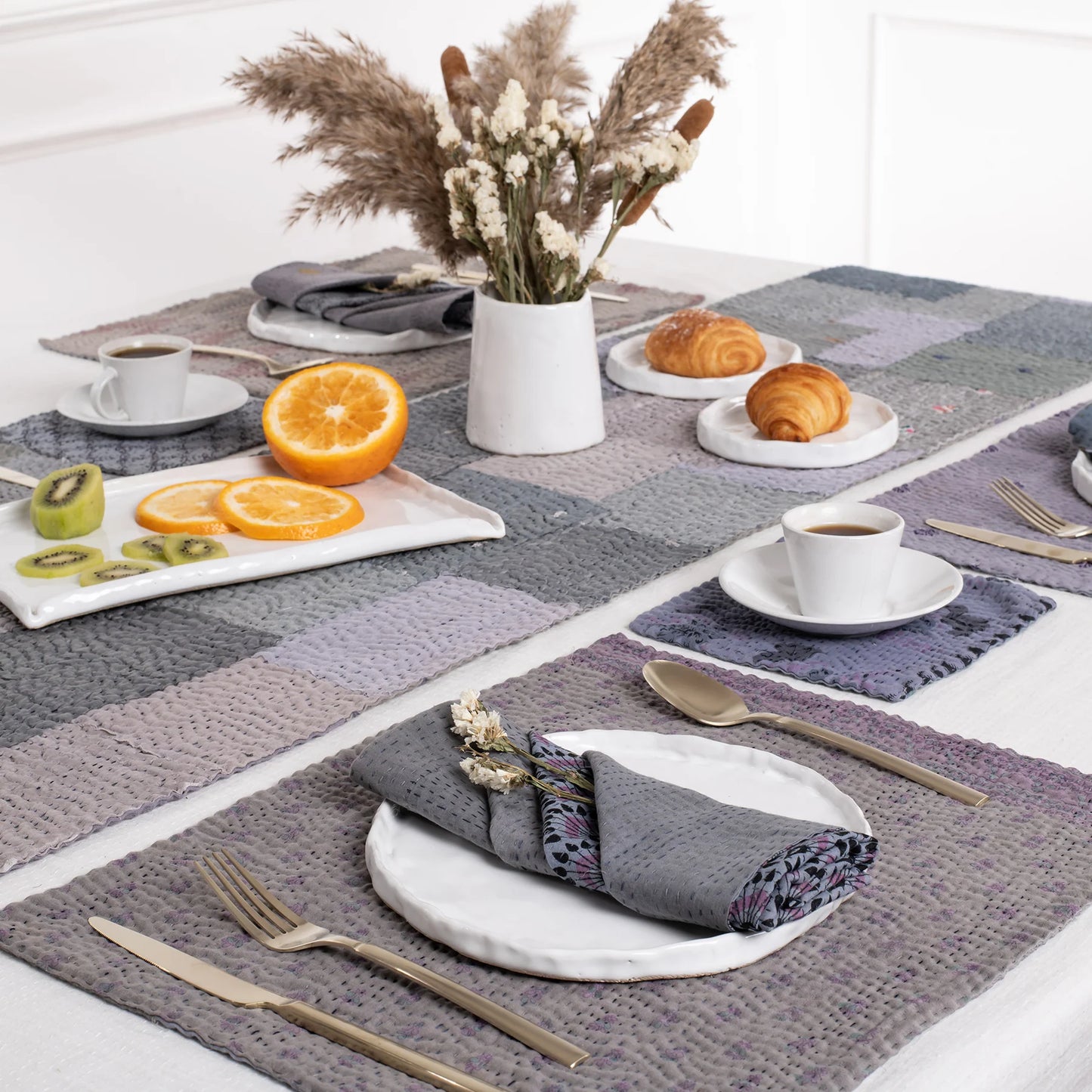 Mosaic Fray Patch Vintage Kantha Table Runner -Hydrangea