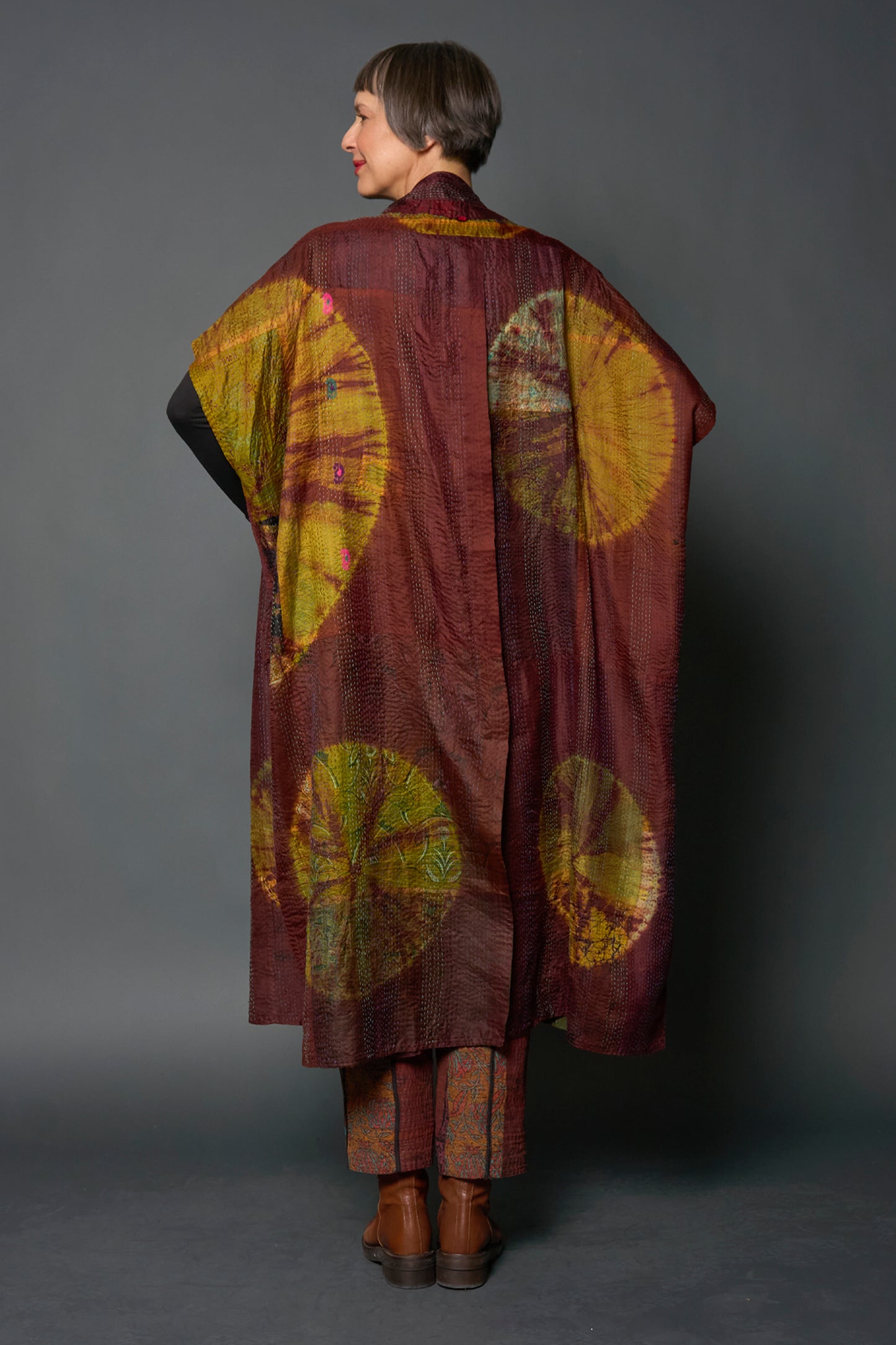 JACQUARD SILK PATCH TIE DYE CIRCLE SHIBORI KANTHA PONCHO DRESS - wj2443-grn -