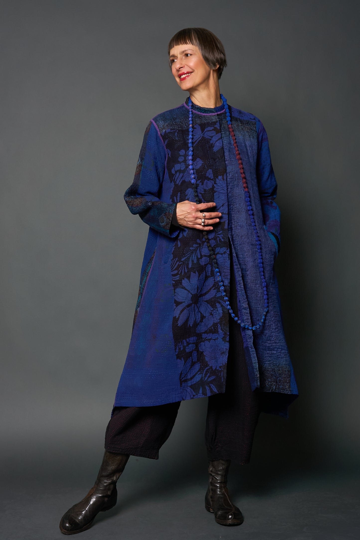 JACQUARD SILK KANTHA KAFTAN COAT - js4343-nvy -