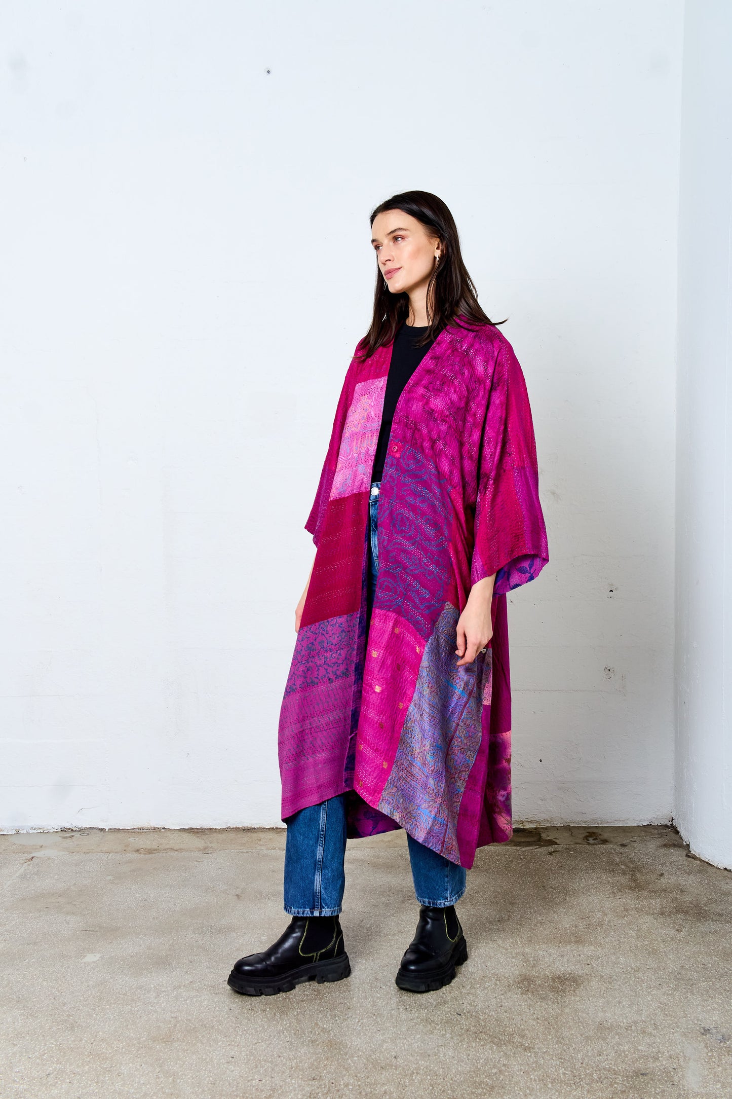 GEORGETTE VINTAGE SILK PATCH KANTHA KIMONO MAXI - gs2318-pik -